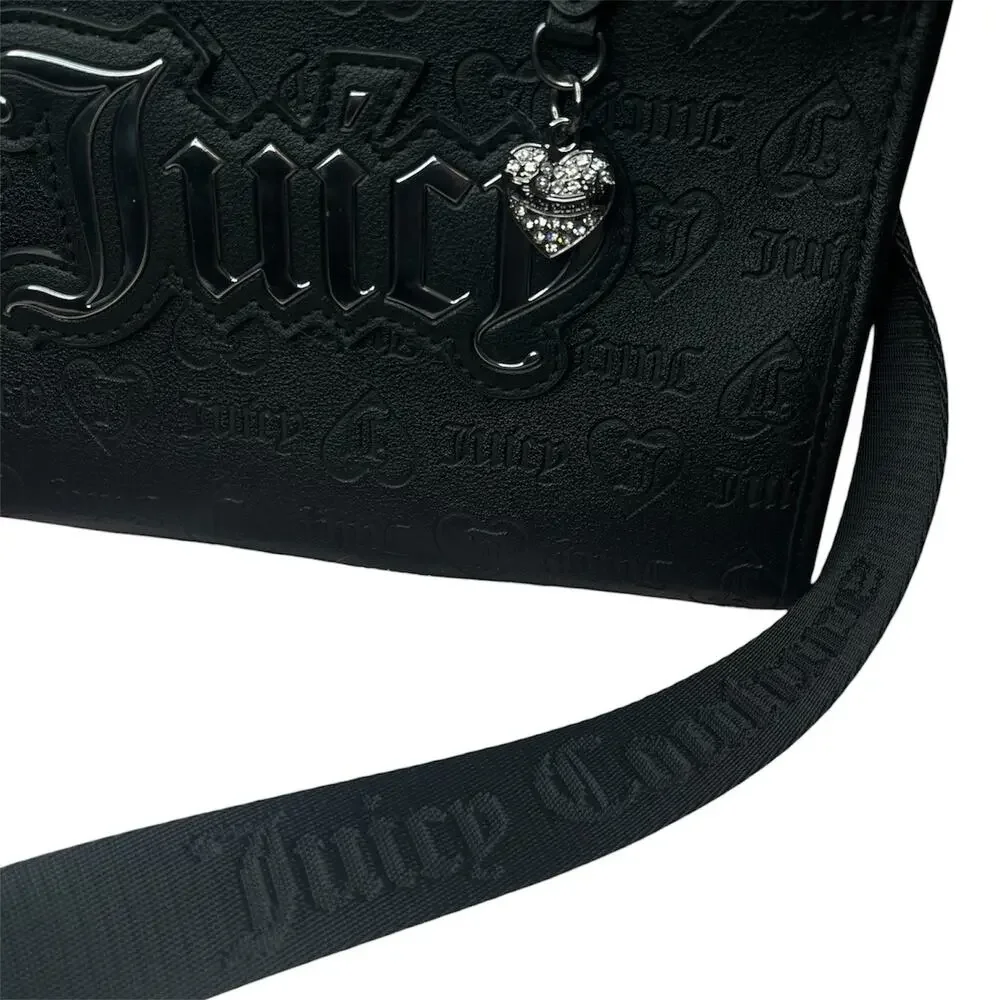 Juicy Couture Black Embossed Logo Satchel Crossbody Bag Heart Charm Purse